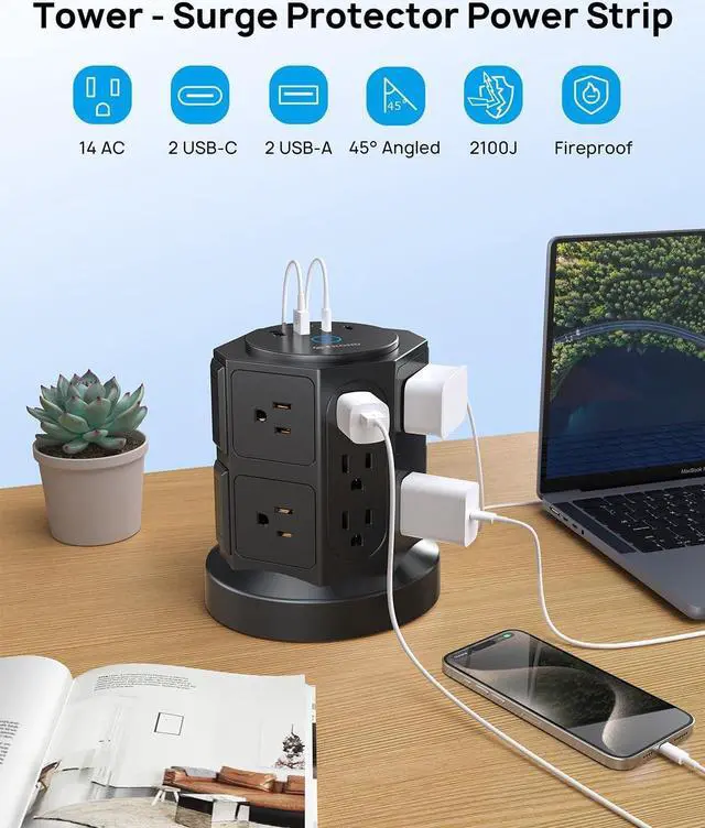 Alt view image 2 of 7 - TROND Tower Surge Protector Power Strip with USB, 14 Widely Spaced Outlets, 2 USB-C and 2 USB-A, 2100J Surge Protection, 6 Feet Extension Cord with Multiple Outlets Home, Office, Dorm Essentials Black