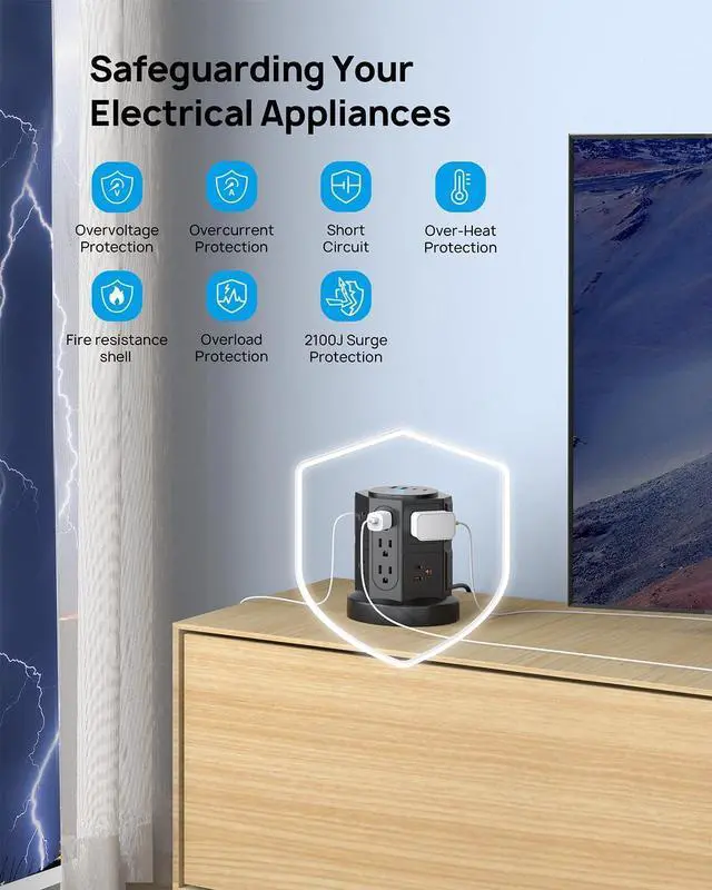Alt view image 4 of 7 - TROND Tower Surge Protector Power Strip with USB, 14 Widely Spaced Outlets, 2 USB-C and 2 USB-A, 2100J Surge Protection, 6 Feet Extension Cord with Multiple Outlets Home, Office, Dorm Essentials Black