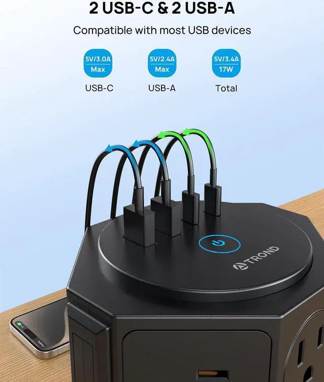 Alt view image 5 of 7 - TROND Tower Surge Protector Power Strip with USB, 14 Widely Spaced Outlets, 2 USB-C and 2 USB-A, 2100J Surge Protection, 6 Feet Extension Cord with Multiple Outlets Home, Office, Dorm Essentials Black