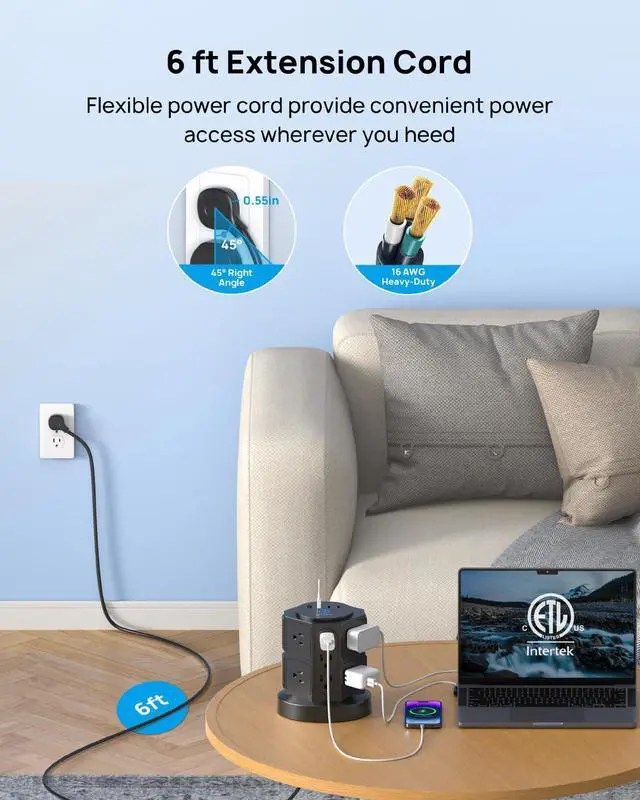 Alt view image 6 of 7 - TROND Tower Surge Protector Power Strip with USB, 14 Widely Spaced Outlets, 2 USB-C and 2 USB-A, 2100J Surge Protection, 6 Feet Extension Cord with Multiple Outlets Home, Office, Dorm Essentials Black