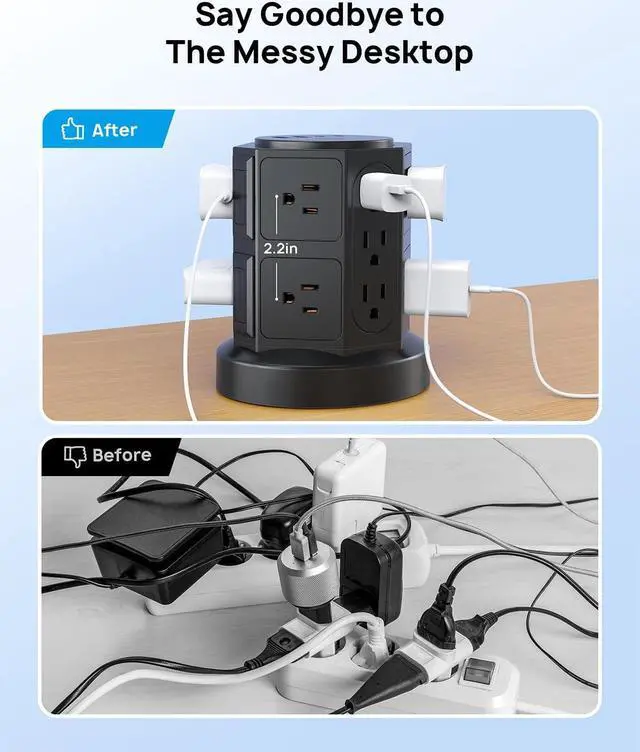 Alt view image 7 of 7 - TROND Tower Surge Protector Power Strip with USB, 14 Widely Spaced Outlets, 2 USB-C and 2 USB-A, 2100J Surge Protection, 6 Feet Extension Cord with Multiple Outlets Home, Office, Dorm Essentials Black