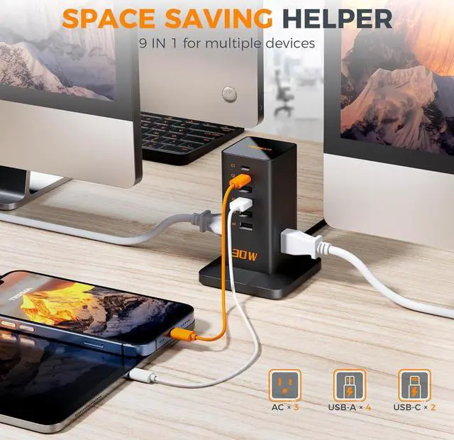 Alt view image 2 of 6 - Charging Station 30W, TESSAN 9-in-1 Charger Blocks for iPhone 16/15/14/13, Tablets, Earphone with Surge Protector, 5ft Flat Extension Cord with 4 USB A, and 2 USB C for Home, Office, Drom, Black