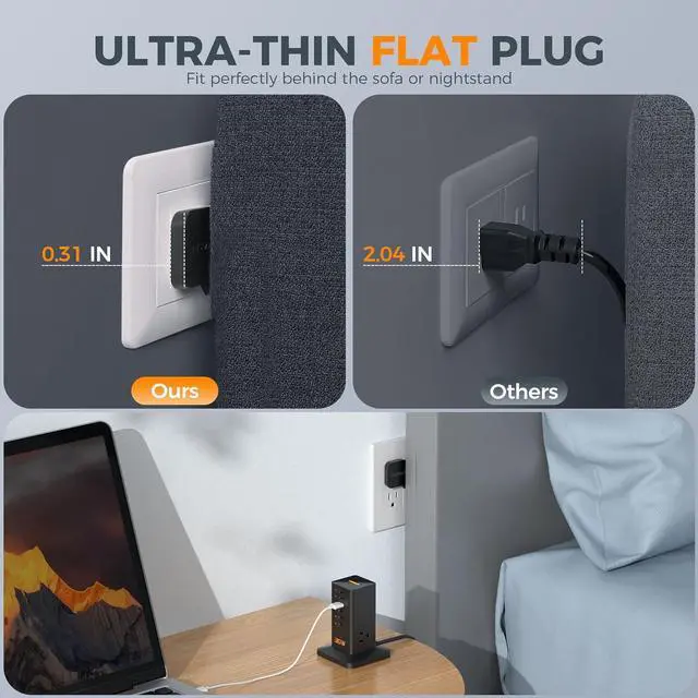 Alt view image 3 of 6 - Charging Station 30W, TESSAN 9-in-1 Charger Blocks for iPhone 16/15/14/13, Tablets, Earphone with Surge Protector, 5ft Flat Extension Cord with 4 USB A, and 2 USB C for Home, Office, Drom, Black