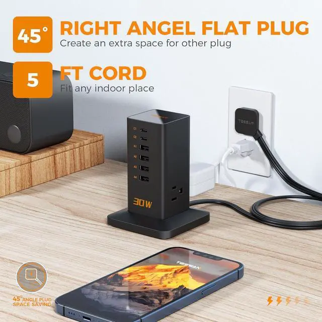 Alt view image 5 of 6 - Charging Station 30W, TESSAN 9-in-1 Charger Blocks for iPhone 16/15/14/13, Tablets, Earphone with Surge Protector, 5ft Flat Extension Cord with 4 USB A, and 2 USB C for Home, Office, Drom, Black