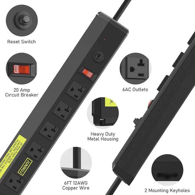 Alt view image 2 of 7 - JUNNUJ Heavy Duty Metal Power Strip 20 Amp, High Amp Surge Protector 6 Outlet, 20A Power Strips Workshop Industrial Outlets Wide Spaced 6-20R T-Slot with Circuit Breaker, 12 Gauge Extension Cord 6ft