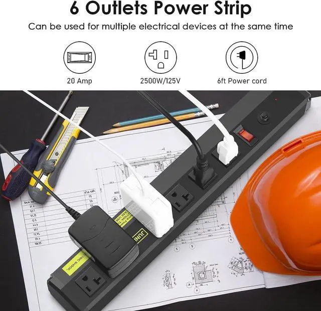 Alt view image 3 of 7 - JUNNUJ Heavy Duty Metal Power Strip 20 Amp, High Amp Surge Protector 6 Outlet, 20A Power Strips Workshop Industrial Outlets Wide Spaced 6-20R T-Slot with Circuit Breaker, 12 Gauge Extension Cord 6ft