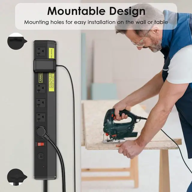 Alt view image 4 of 7 - JUNNUJ Heavy Duty Metal Power Strip 20 Amp, High Amp Surge Protector 6 Outlet, 20A Power Strips Workshop Industrial Outlets Wide Spaced 6-20R T-Slot with Circuit Breaker, 12 Gauge Extension Cord 6ft