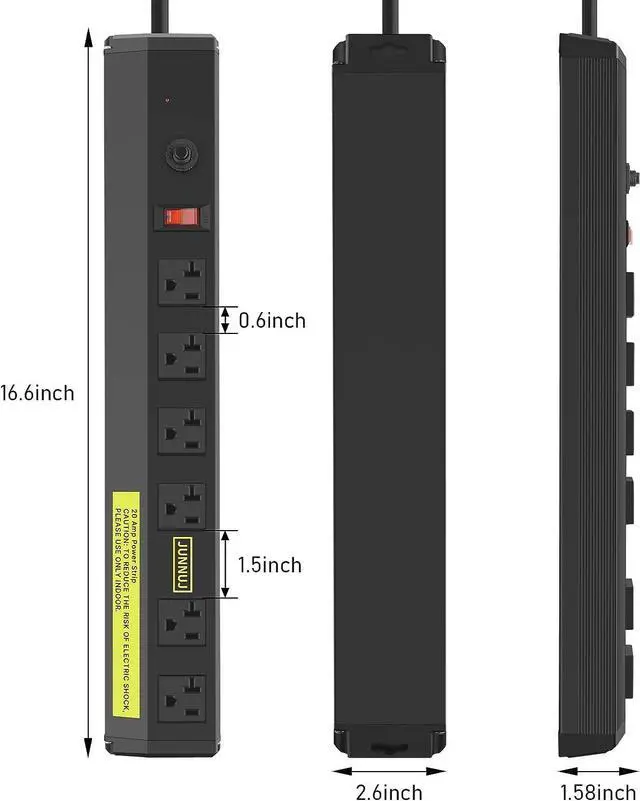Alt view image 6 of 7 - JUNNUJ Heavy Duty Metal Power Strip 20 Amp, High Amp Surge Protector 6 Outlet, 20A Power Strips Workshop Industrial Outlets Wide Spaced 6-20R T-Slot with Circuit Breaker, 12 Gauge Extension Cord 6ft