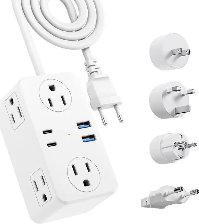 Main image of European Travel Plug Adapter, EU/UK/US Travel Adapter Power Strip, 6 AC Outlets, 20W USB C Power Delivery, 3ft Wrapped Around Extension Cord, Compact for Travel