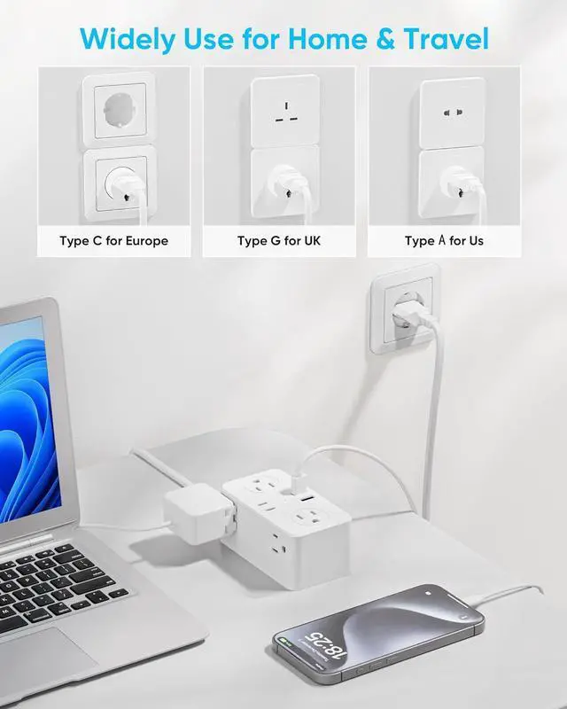 Alt view image 4 of 7 - European Travel Plug Adapter, EU/UK/US Travel Adapter Power Strip, 6 AC Outlets, 20W USB C Power Delivery, 3ft Wrapped Around Extension Cord, Compact for Travel