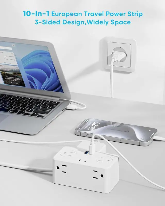 Alt view image 5 of 7 - European Travel Plug Adapter, EU/UK/US Travel Adapter Power Strip, 6 AC Outlets, 20W USB C Power Delivery, 3ft Wrapped Around Extension Cord, Compact for Travel