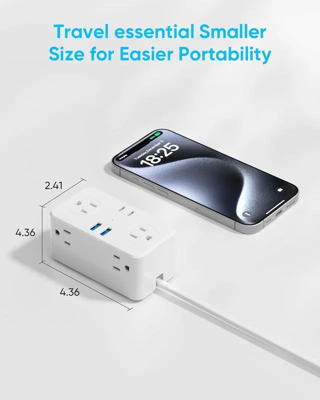 Alt view image 6 of 7 - European Travel Plug Adapter, EU/UK/US Travel Adapter Power Strip, 6 AC Outlets, 20W USB C Power Delivery, 3ft Wrapped Around Extension Cord, Compact for Travel