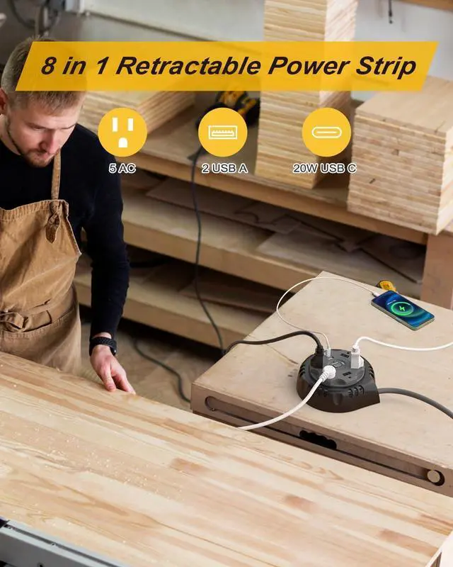 Alt view image 2 of 7 - Retractable Power Strip Extension Cord Reel with USB C PD 20W, Flat Plug Travel Power Strip Surge Protection with 5 AC 3 USB Ports, 10FT Travel Extension Cord Portable Outlet, Black Grey