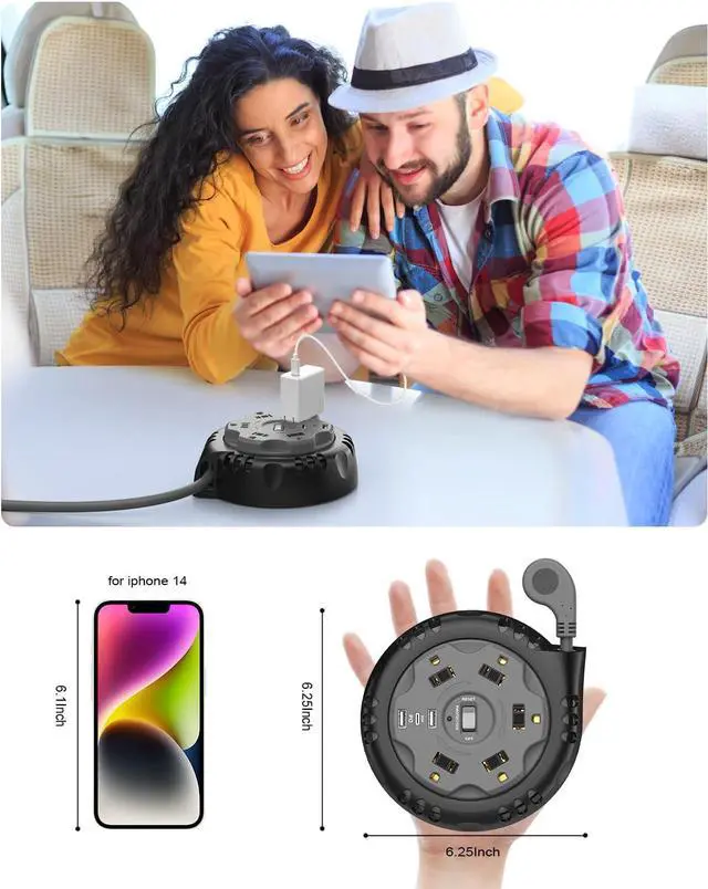 Alt view image 3 of 7 - Retractable Power Strip Extension Cord Reel with USB C PD 20W, Flat Plug Travel Power Strip Surge Protection with 5 AC 3 USB Ports, 10FT Travel Extension Cord Portable Outlet, Black Grey