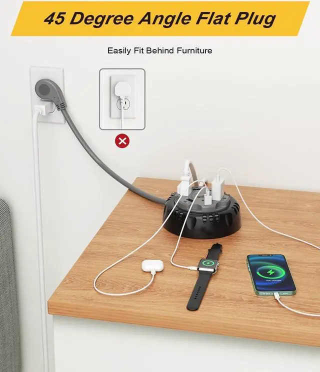 Alt view image 7 of 7 - Retractable Power Strip Extension Cord Reel with USB C PD 20W, Flat Plug Travel Power Strip Surge Protection with 5 AC 3 USB Ports, 10FT Travel Extension Cord Portable Outlet, Black Grey