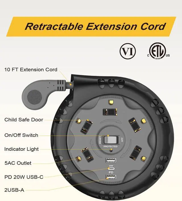 Alt view image 6 of 7 - Retractable Power Strip Extension Cord Reel with USB C PD 20W, Flat Plug Travel Power Strip Surge Protection with 5 AC 3 USB Ports, 10FT Travel Extension Cord Portable Outlet, Black Grey