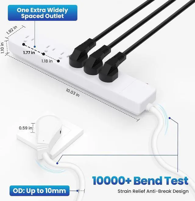 Alt view image 2 of 6 - Elecan 3 Prong Power Strip with 4 FT Extension Cord, 5 AC Outlets+1 Widely Spaced Outlet, Space Saving 45 Degree Flat Plug, 14AWG 1875W 125V 15A, Wall Mountable Multi Outlet Extender, ETL, White