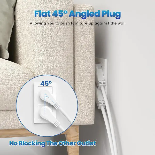 Alt view image 3 of 6 - Elecan 3 Prong Power Strip with 4 FT Extension Cord, 5 AC Outlets+1 Widely Spaced Outlet, Space Saving 45 Degree Flat Plug, 14AWG 1875W 125V 15A, Wall Mountable Multi Outlet Extender, ETL, White