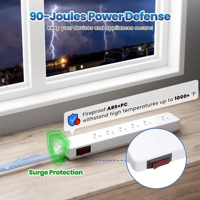 Alt view image 4 of 6 - Elecan 3 Prong Power Strip with 4 FT Extension Cord, 5 AC Outlets+1 Widely Spaced Outlet, Space Saving 45 Degree Flat Plug, 14AWG 1875W 125V 15A, Wall Mountable Multi Outlet Extender, ETL, White