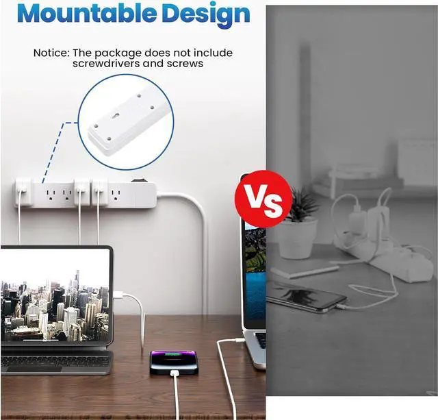 Alt view image 6 of 6 - Elecan 3 Prong Power Strip with 4 FT Extension Cord, 5 AC Outlets+1 Widely Spaced Outlet, Space Saving 45 Degree Flat Plug, 14AWG 1875W 125V 15A, Wall Mountable Multi Outlet Extender, ETL, White