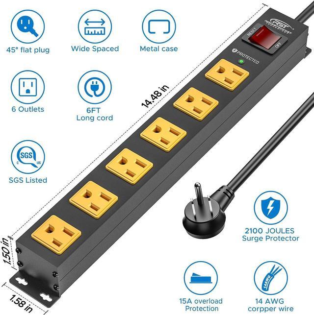 Alt view image 2 of 7 - CRST 6 Outlet Surge Protector Power Strip 2100J with Switch, 15A/1875W Metal Heavy Duty Power Strip, Wide Spaced Wall Mount Power Bar for Garage Worshop Home School, 6 FT Cord Black+Yellow