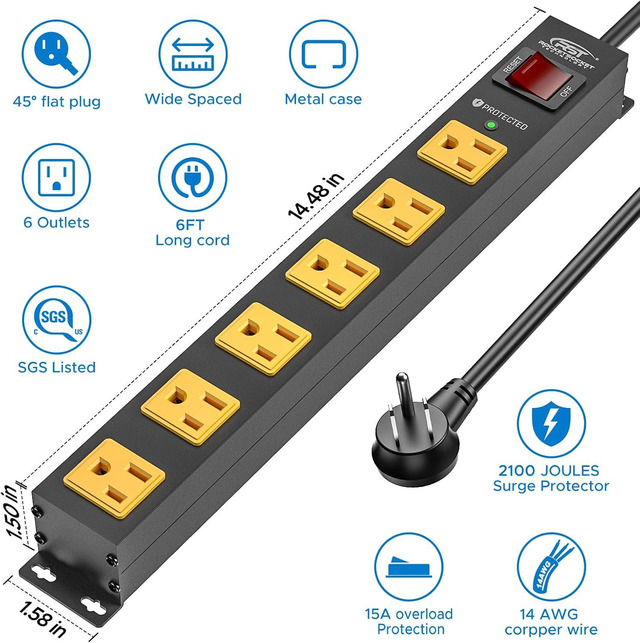 CRST Heavy Duty 10-Outlet Power Strip Surge Protector – 6ft Cord, 3300 Joules, 15AMP, UL Listed (Black/Yellow)
