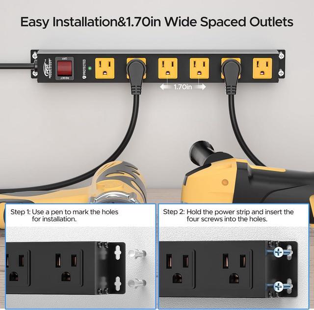 Alt view image 3 of 7 - CRST 6 Outlet Surge Protector Power Strip 2100J with Switch, 15A/1875W Metal Heavy Duty Power Strip, Wide Spaced Wall Mount Power Bar for Garage Worshop Home School, 6 FT Cord Black+Yellow
