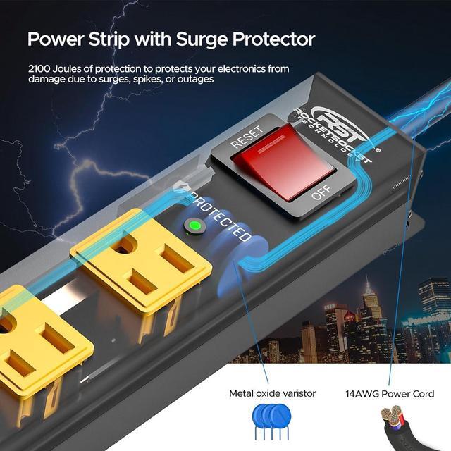 Alt view image 4 of 7 - CRST 6 Outlet Surge Protector Power Strip 2100J with Switch, 15A/1875W Metal Heavy Duty Power Strip, Wide Spaced Wall Mount Power Bar for Garage Worshop Home School, 6 FT Cord Black+Yellow