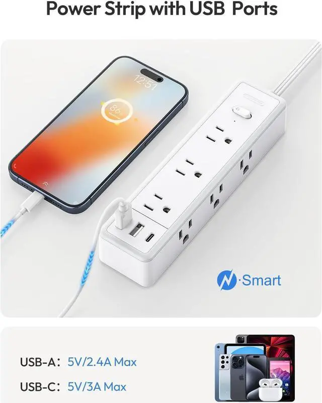 Alt view image 5 of 7 - Surge Protector Power Strip, Flat Extension Cord with 9 Widely Outlets 3 USB Ports(1 USB-C), 1080 Joules, 5 FT, Multiple Outlets, Wall Mount, Flat Plug for Indoor Home Office, Dorm Essentials, White