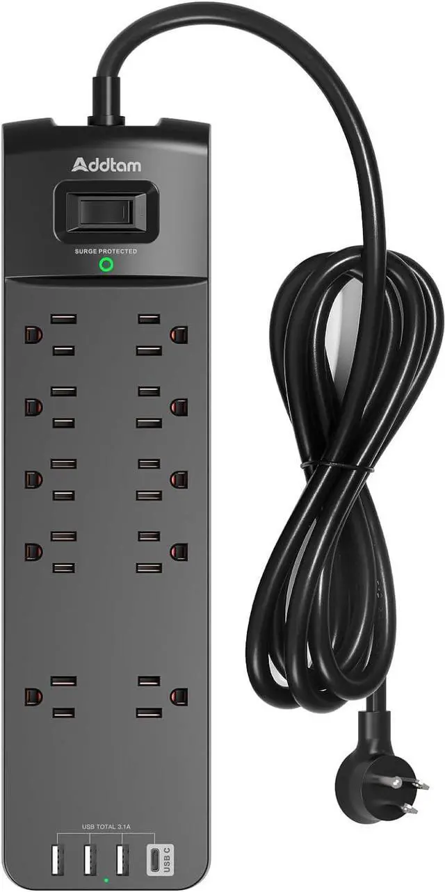 Main image of Power Strip - Addtam Surge Protector with 10 Outlets and 4 USB Ports, 6 Feet Extension Cord with Flat Plug, 2700 Joules, ETL Listed, Black