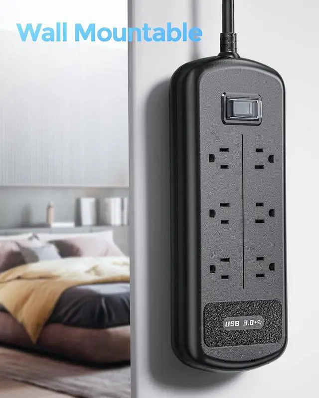 Alt view image 5 of 7 - Surge Protector Power Strip 10ft Long Extension Cord, Indoor Outdoor Waterproof 6 Outlets 3 USB Ports, Wall Mountable, Safe for Desktop Home Office Patio, Dorm Room Essentials, Black
