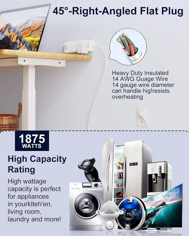 Alt view image 5 of 7 - Appliance Extension Cord with Individual Switches on Off - 5 FT, 14 Gauge Heavy Duty Extension Cord with USB Ports, 8 outlets, High Wattage for Microwave, Workbench, Kitchen, Garage Must Have