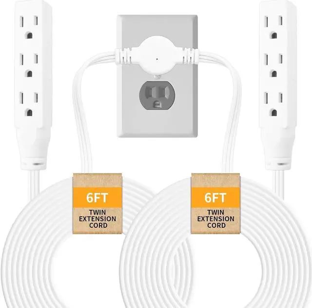 Main image of Twin Extension-Cord Power Strip - 12 ft - Flat Plug Extension Cord - 3 Prong Split Extension Cord with 6 Outlets - Double Extension Cord for Behind Bed, Couch, Nightstands, Vanity, Furniture
