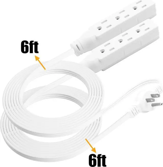 Alt view image 2 of 7 - Twin Extension-Cord Power Strip - 12 ft - Flat Plug Extension Cord - 3 Prong Split Extension Cord with 6 Outlets - Double Extension Cord for Behind Bed, Couch, Nightstands, Vanity, Furniture