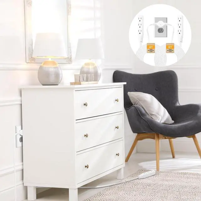 Alt view image 6 of 7 - Twin Extension-Cord Power Strip - 12 ft - Flat Plug Extension Cord - 3 Prong Split Extension Cord with 6 Outlets - Double Extension Cord for Behind Bed, Couch, Nightstands, Vanity, Furniture