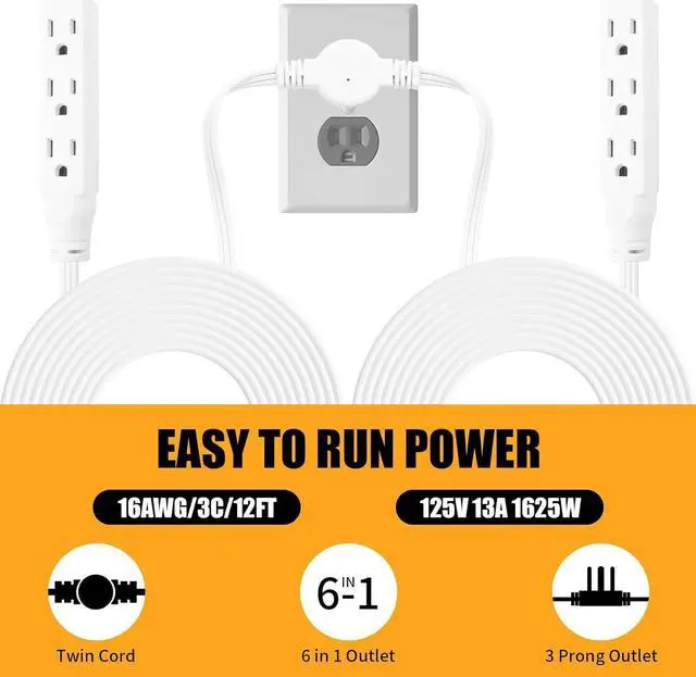 Alt view image 7 of 7 - Twin Extension-Cord Power Strip - 12 ft - Flat Plug Extension Cord - 3 Prong Split Extension Cord with 6 Outlets - Double Extension Cord for Behind Bed, Couch, Nightstands, Vanity, Furniture