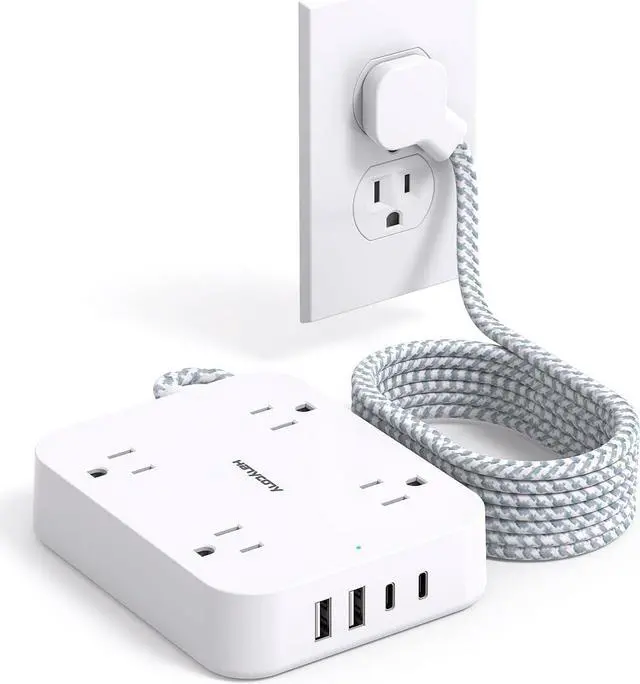Main image of 10 Ft Extension Cord, HANYCONY Ultra Thin Flat Power Strip with 4 Outlets 4 USB Ports (2 USB C), Wall Mount, Multi Plug Outlet Extender Desk Charging Station for Office Travel Dorm Room Essentials