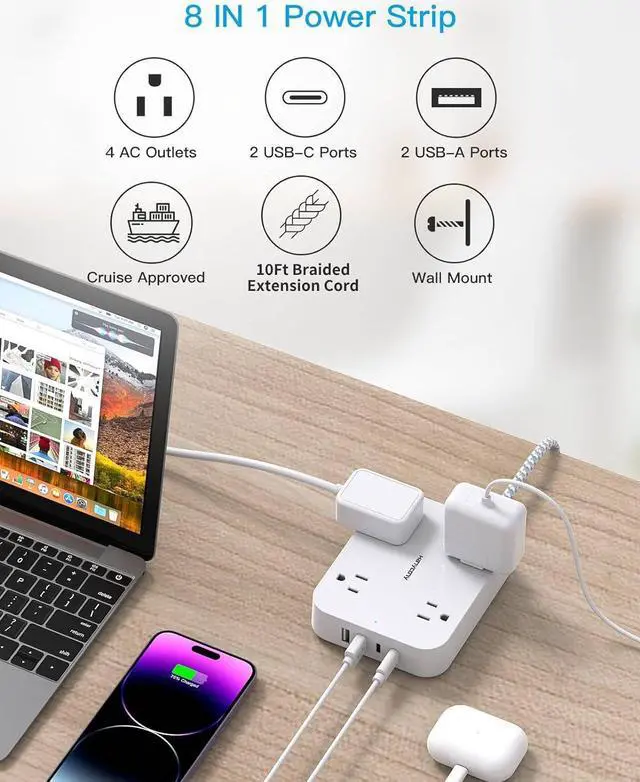 Alt view image 2 of 7 - 10 Ft Extension Cord, HANYCONY Ultra Thin Flat Power Strip with 4 Outlets 4 USB Ports (2 USB C), Wall Mount, Multi Plug Outlet Extender Desk Charging Station for Office Travel Dorm Room Essentials