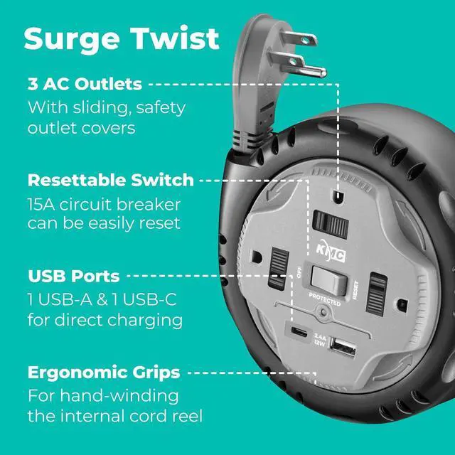 Alt view image 2 of 7 - KMC 3-Outlet Surge Twist Cord Reel, USB-C & USB-A Ports, Retractable Power Strip Surge Protector, 735J Surge Protection, 5ft Retractable Extension Cord, 3-Prong Flat Plug, UL/ETL Certified, Gray