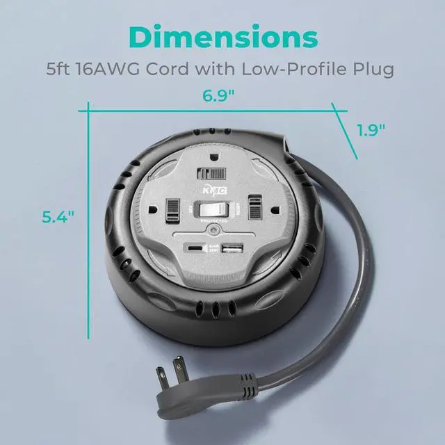 Alt view image 3 of 7 - KMC 3-Outlet Surge Twist Cord Reel, USB-C & USB-A Ports, Retractable Power Strip Surge Protector, 735J Surge Protection, 5ft Retractable Extension Cord, 3-Prong Flat Plug, UL/ETL Certified, Gray