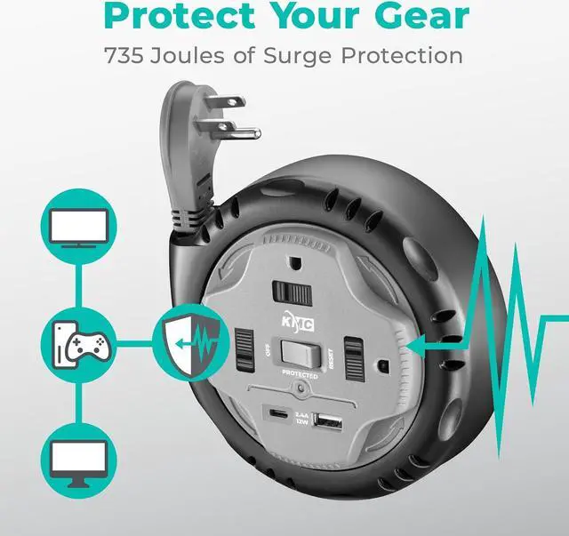 Alt view image 4 of 7 - KMC 3-Outlet Surge Twist Cord Reel, USB-C & USB-A Ports, Retractable Power Strip Surge Protector, 735J Surge Protection, 5ft Retractable Extension Cord, 3-Prong Flat Plug, UL/ETL Certified, Gray