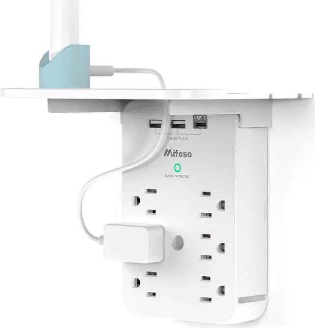 Main image of Wall Outlet Extender with Surge Protector, 6 AC Outlets, Shelf, 2 USB & USB C Charging Ports - Home & Dorm Plug Expander