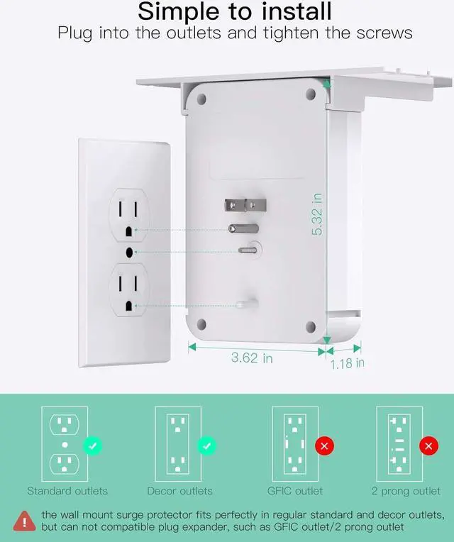 Alt view image 6 of 7 - Wall Outlet Extender with Surge Protector, 6 AC Outlets, Shelf, 2 USB & USB C Charging Ports - Home & Dorm Plug Expander