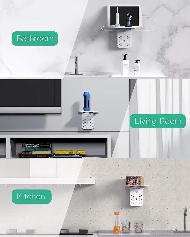 Alt view image 7 of 7 - Wall Outlet Extender with Surge Protector, 6 AC Outlets, Shelf, 2 USB & USB C Charging Ports - Home & Dorm Plug Expander