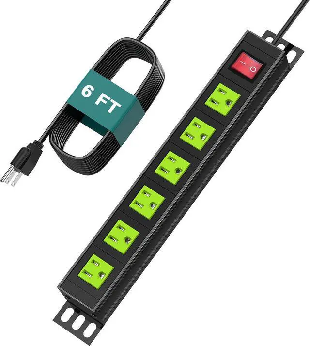 Main image of QBA 6 Outlet Metal Power Strip, Heavy Duty Wide Spaced Power Strip, Mountable Power Strip for Home Office Garage Workshop, 6FT Extension Cord, 125V 15A 1875W, Green