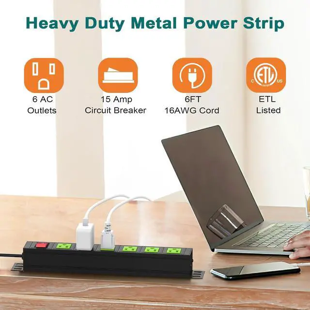 Alt view image 2 of 7 - QBA 6 Outlet Metal Power Strip, Heavy Duty Wide Spaced Power Strip, Mountable Power Strip for Home Office Garage Workshop, 6FT Extension Cord, 125V 15A 1875W, Green