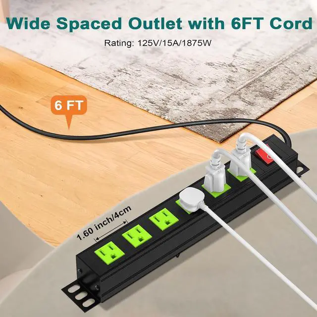 Alt view image 3 of 7 - QBA 6 Outlet Metal Power Strip, Heavy Duty Wide Spaced Power Strip, Mountable Power Strip for Home Office Garage Workshop, 6FT Extension Cord, 125V 15A 1875W, Green