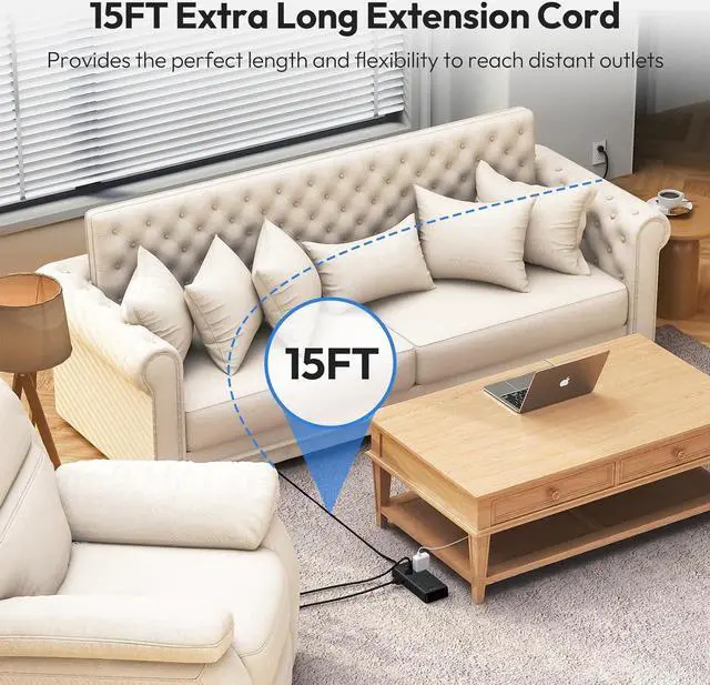 Alt view image 3 of 7 - Surge Protector Extension Cord 15FT, NTONPOWER 4000J Surge Protector Power Strip with 12 Outlets & 4 USB Ports (2 USB C), 3 Side Outlet Extender, Wall Mounted Extension Cord for Home Office