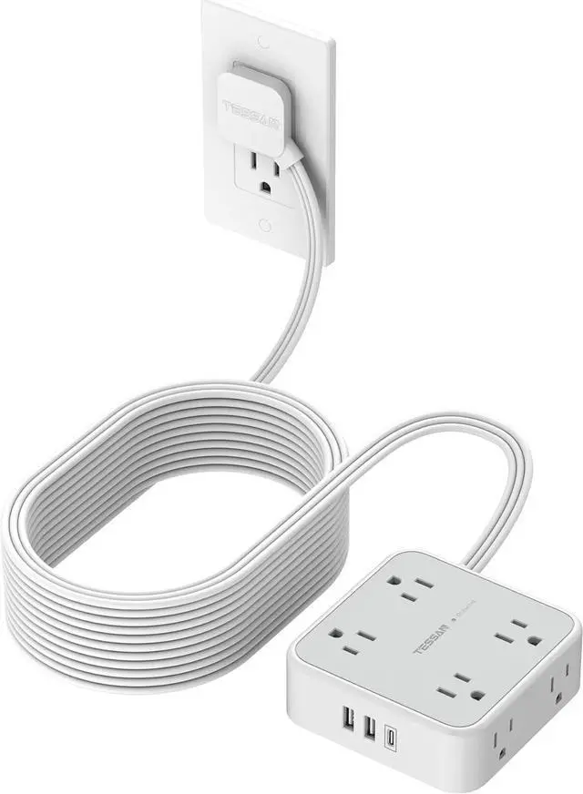 Main image of Flat Plug Long Extension Cord 25 Ft, TESSAN Power Strip Surge Protector with 8 Outlets 3 USB Ports (1 USB C), 900J Protection Desktop Charging Station for Home, Office, Dorm Room Essentials