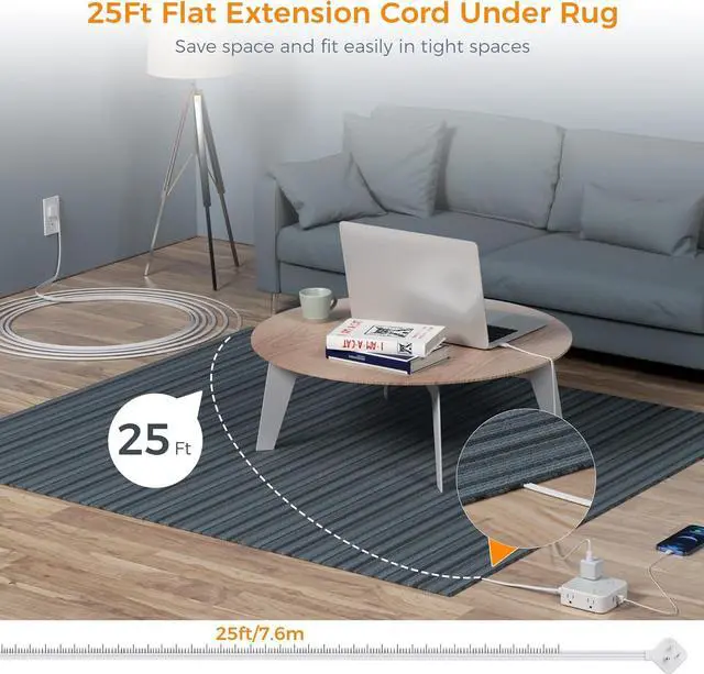 Alt view image 2 of 6 - Flat Plug Long Extension Cord 25 Ft, TESSAN Power Strip Surge Protector with 8 Outlets 3 USB Ports (1 USB C), 900J Protection Desktop Charging Station for Home, Office, Dorm Room Essentials